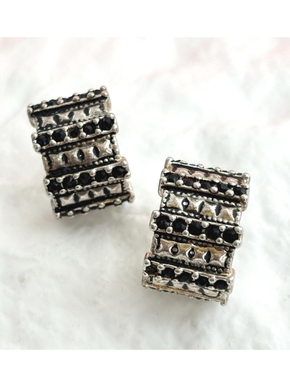 Brutalist Textured Silver Toned Half Circle Beaded 80's Vintage Stud Earrings